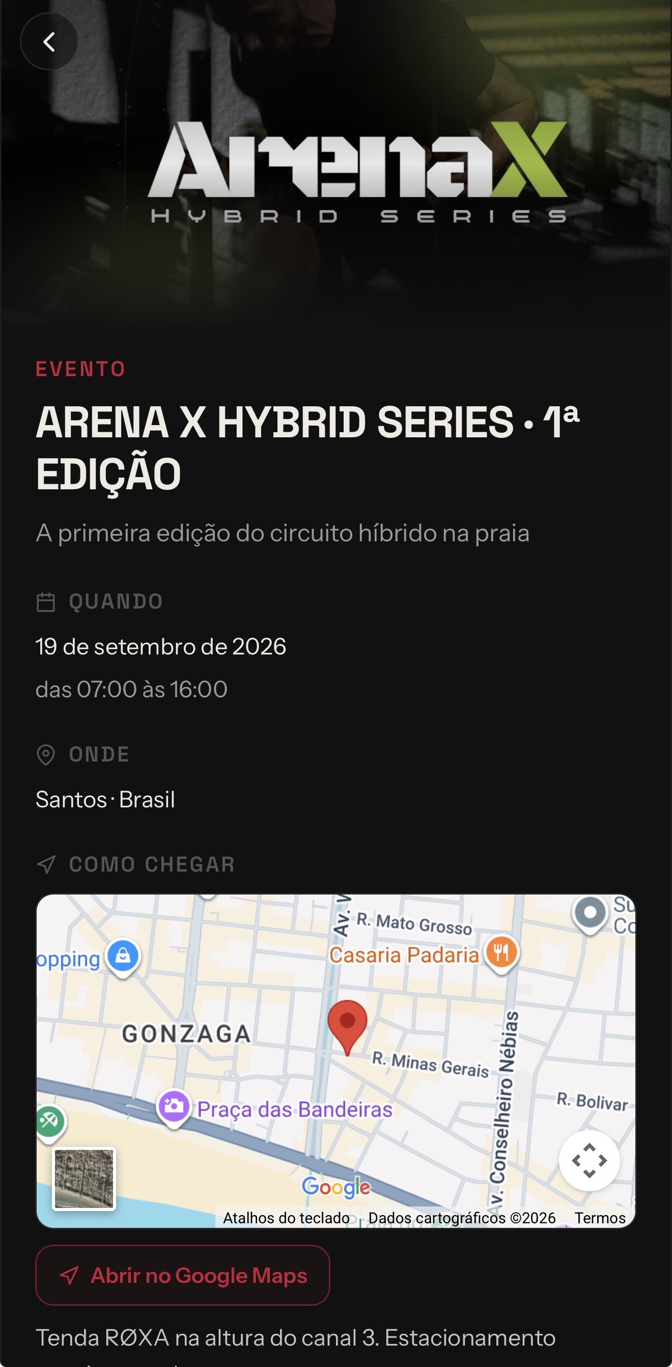 Tela de evento do RØXA, com data, local e mapa