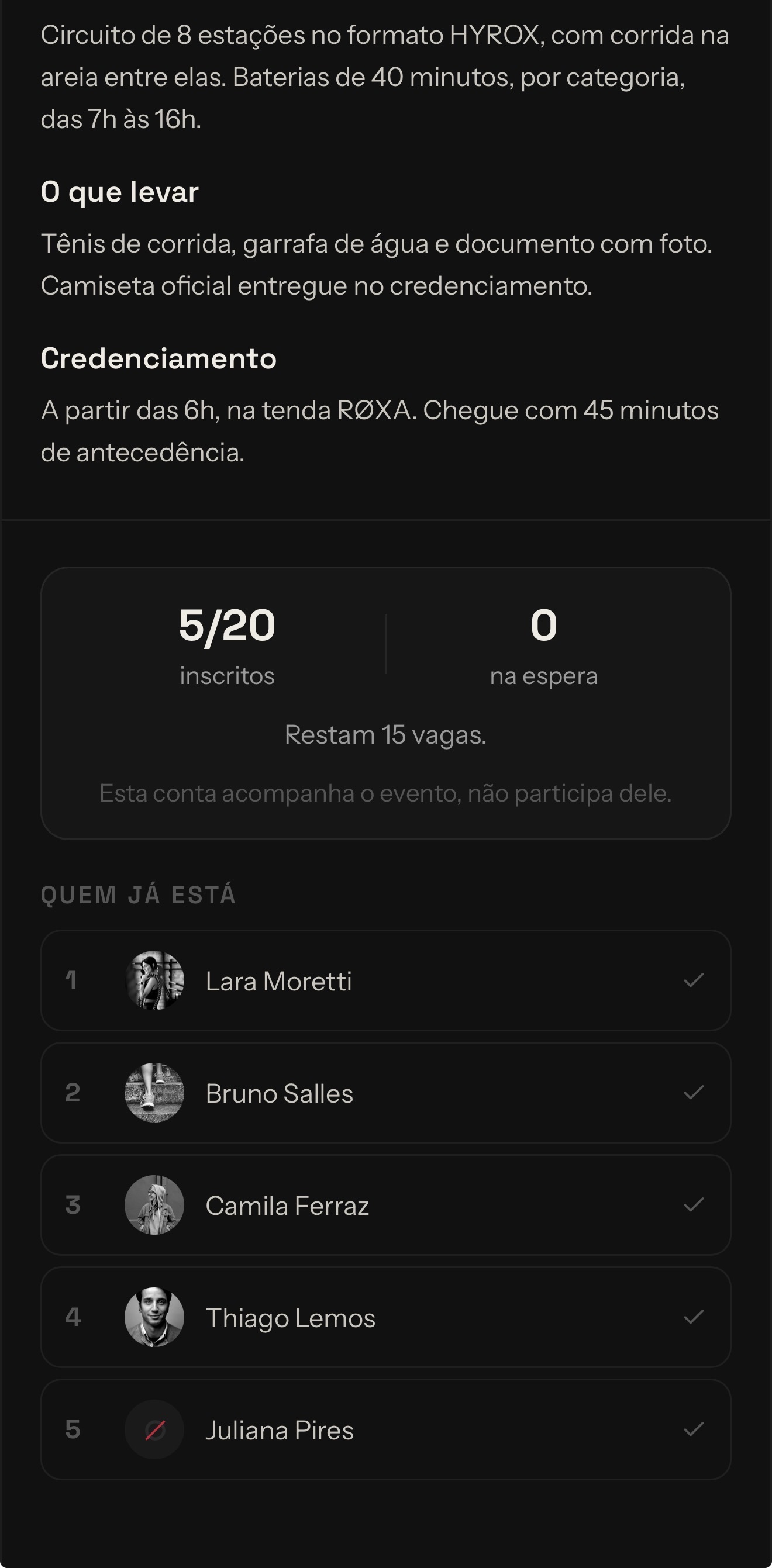 Tela de inscrição e fila de espera de um evento do RØXA